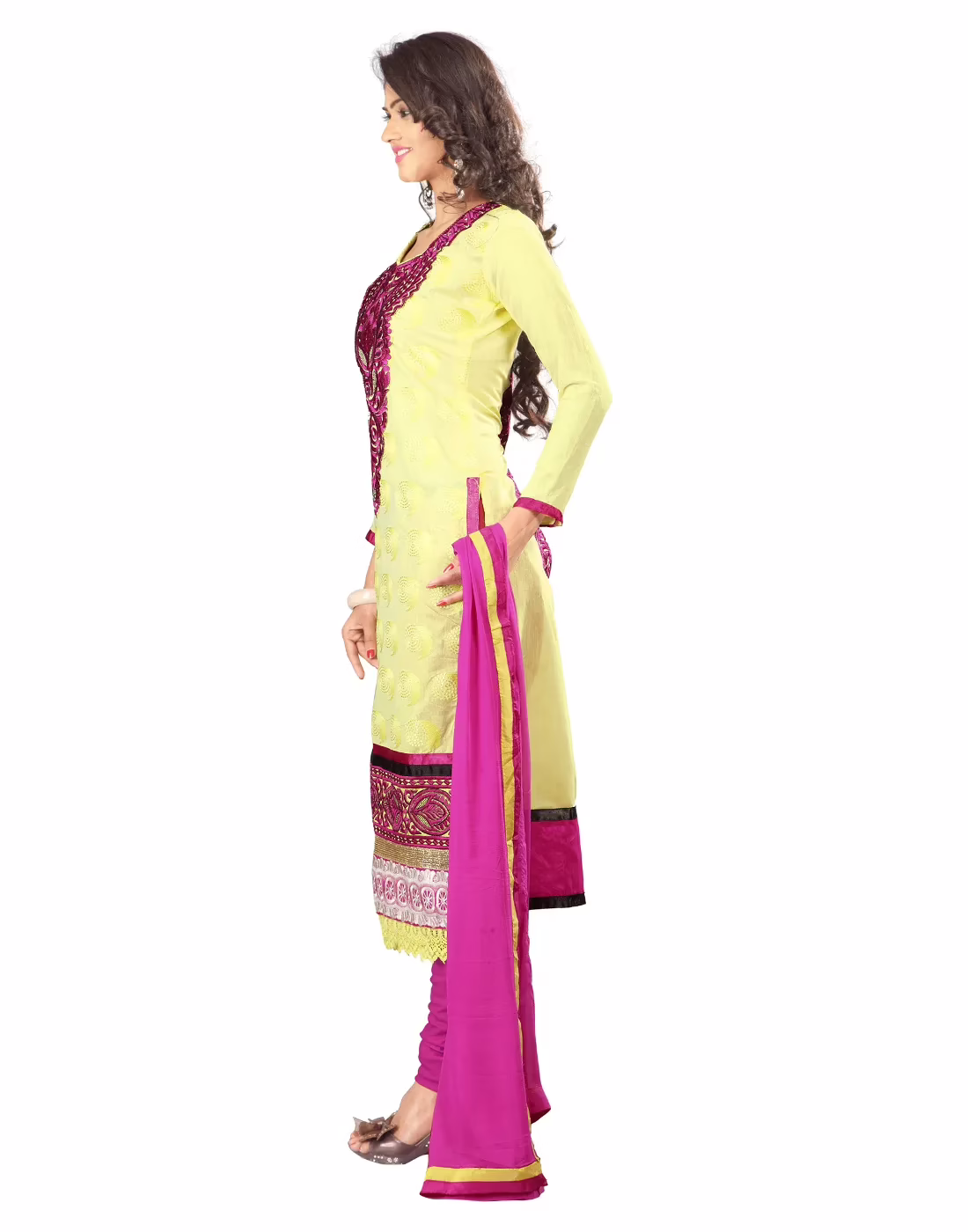 Lookslady Embroidered Yellow Chanderi Dress-Material