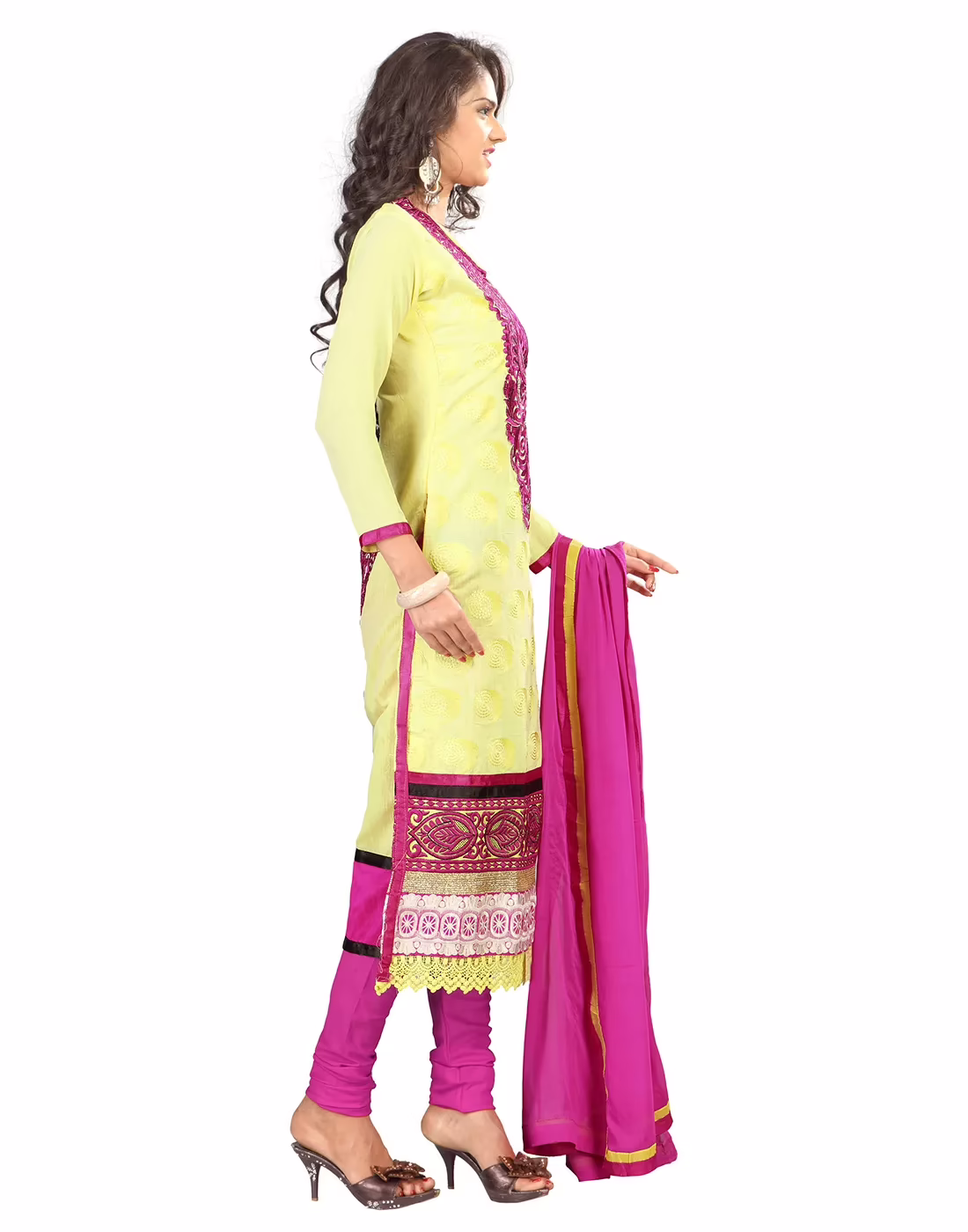 Lookslady Embroidered Yellow Chanderi Dress-Material