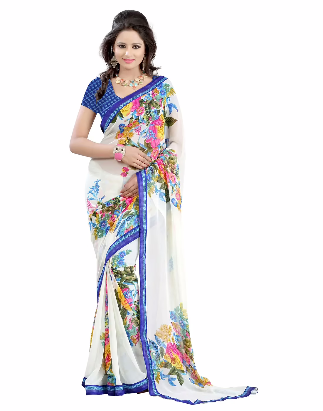Lookslady Printed White Faux Georgette Saree