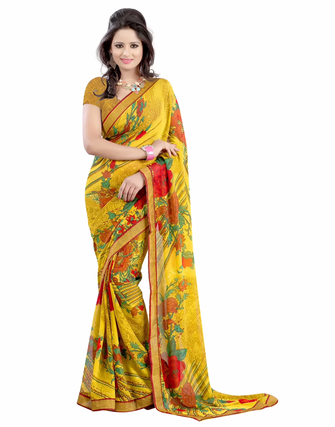 Lookslady Printed Yellow Faux Georgette Saree