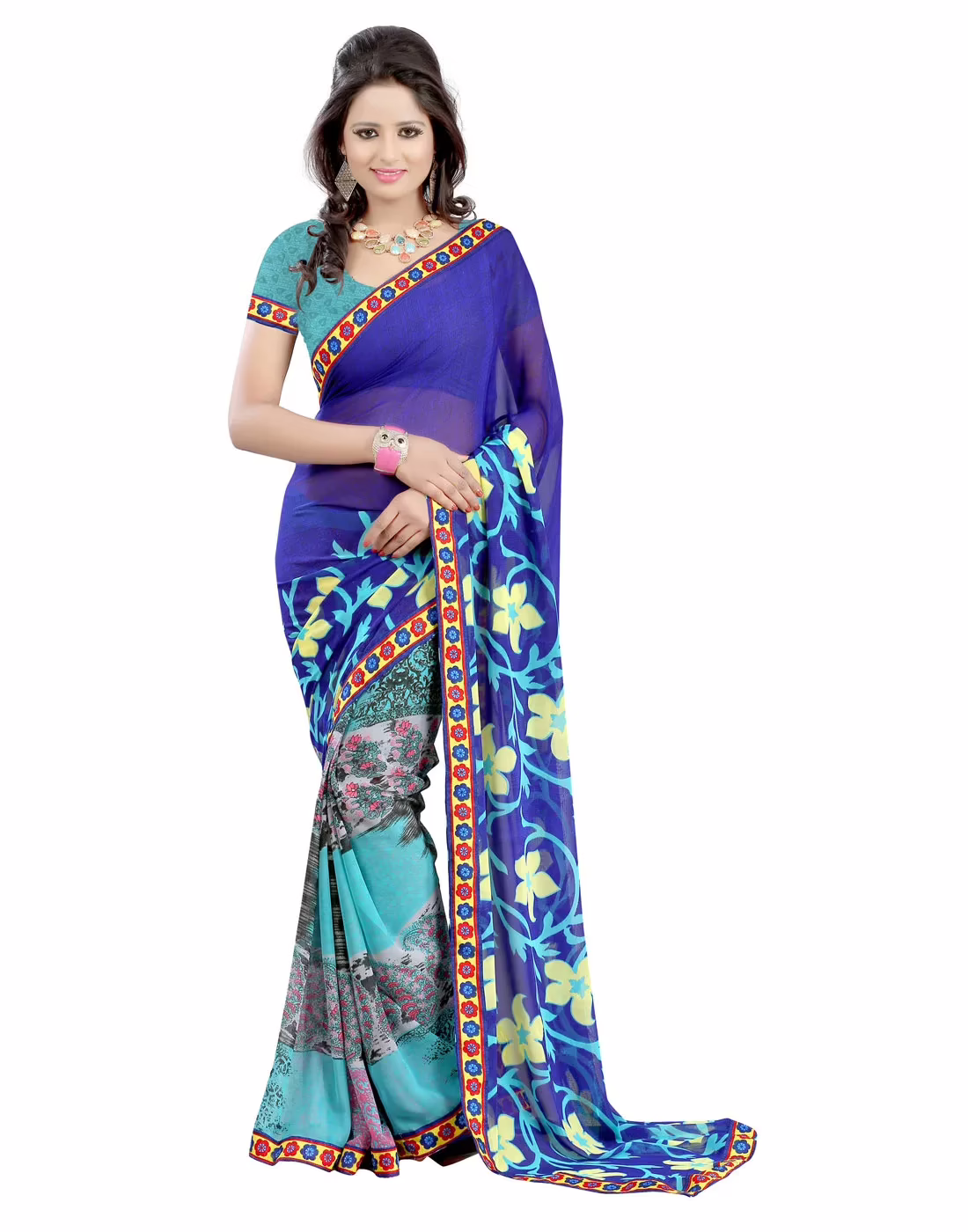 Lookslady Printed Blue Faux Georgette Saree
