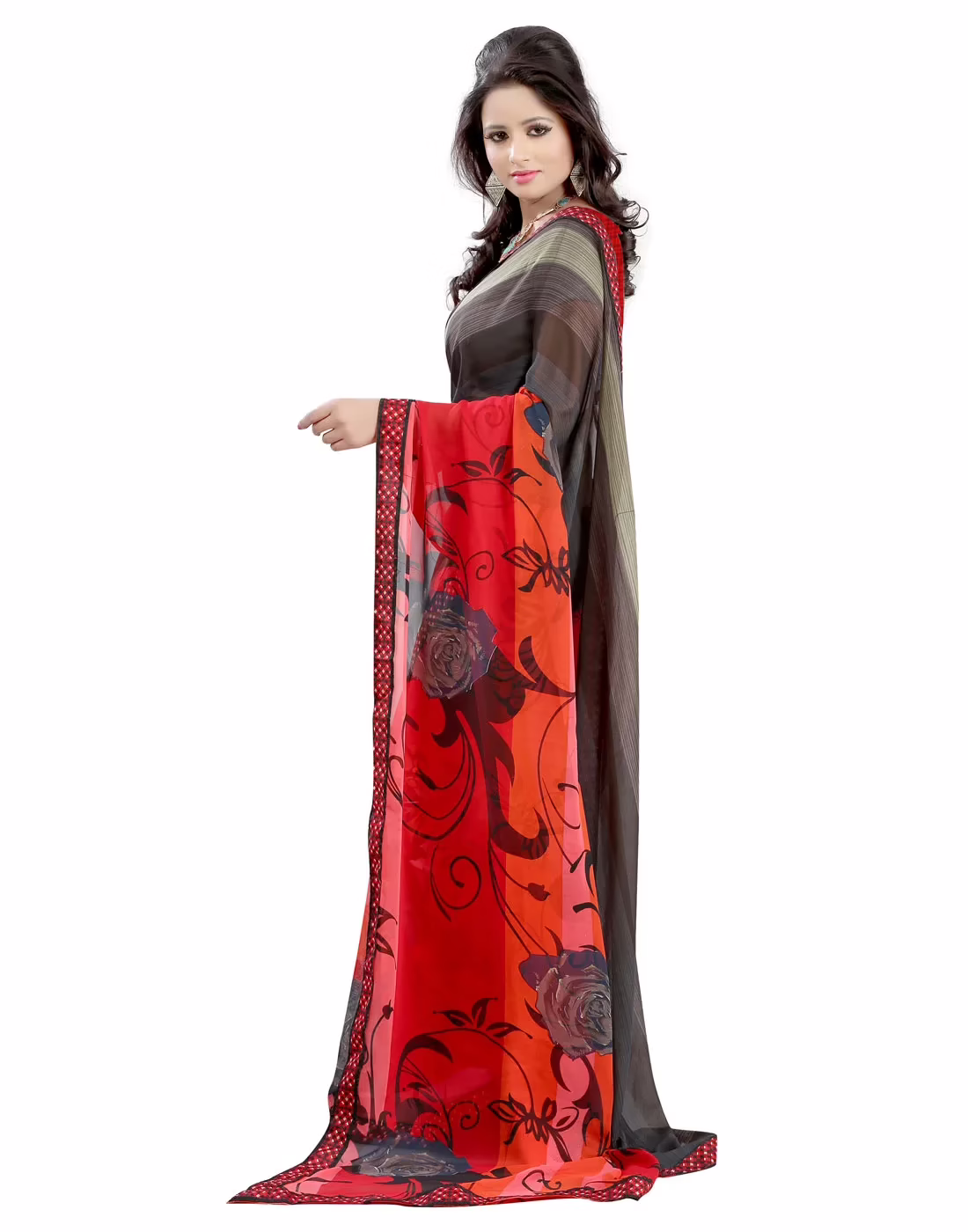 Lookslady Printed Red Faux Georgette Saree
