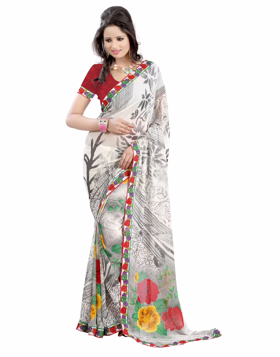 Lookslady Printed Beige Faux Georgette Saree