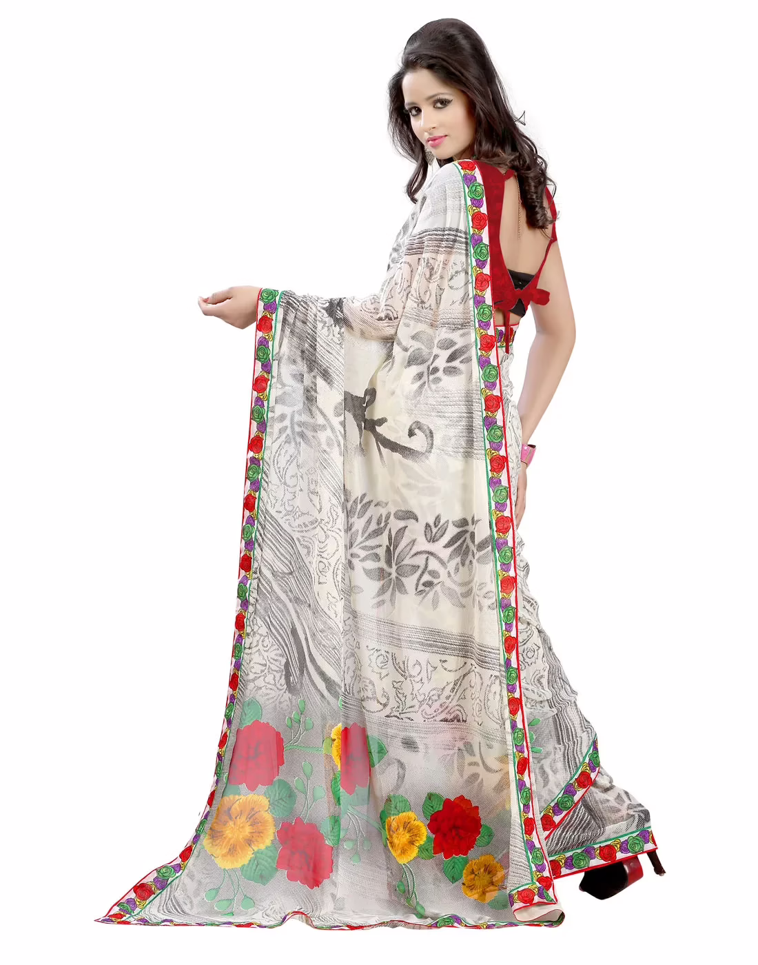 Lookslady Printed Beige Faux Georgette Saree