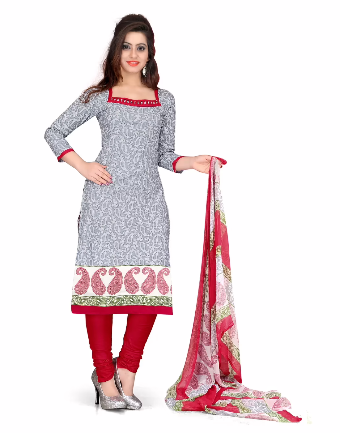 Lookslady Printed Grey Cotton Printed Dress-Material