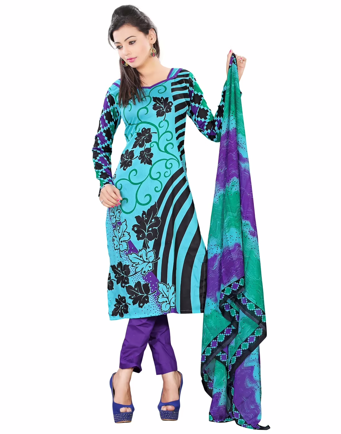 Lookslady Printed Light Blue Cotton Dress-Material