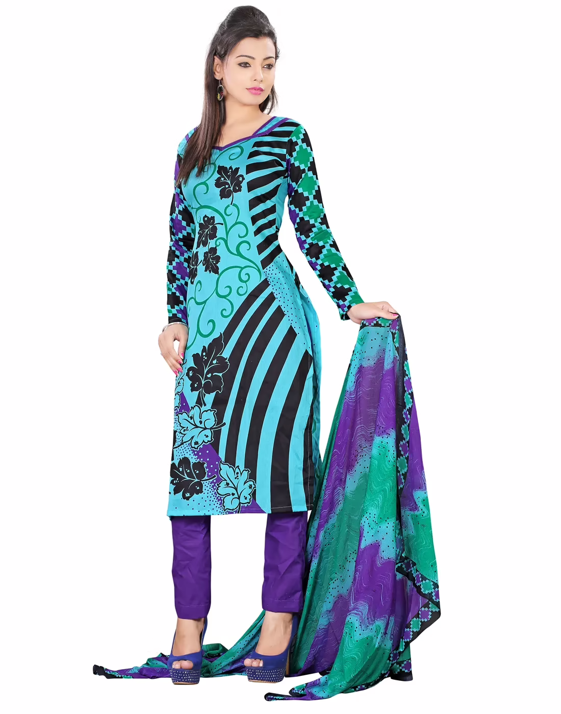 Lookslady Printed Light Blue Cotton Dress-Material