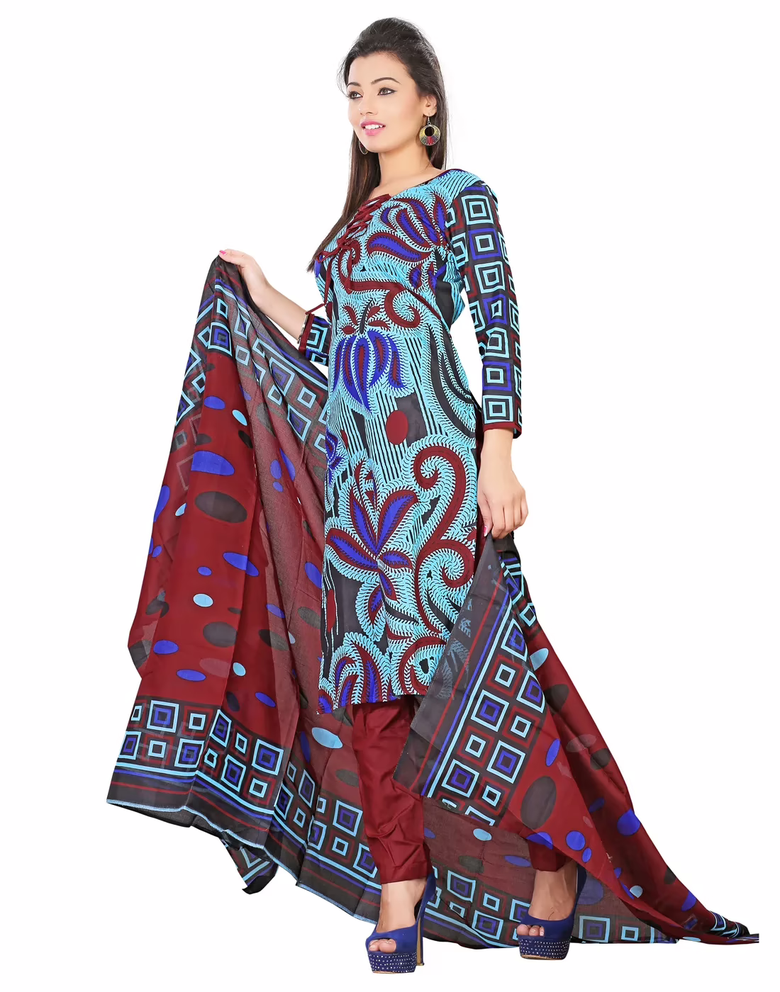 Lookslady Printed Light Blue Cotton Dress-Material