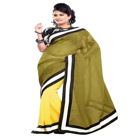Buyzaar Yellow Designer Chiffon,Linen Printed Sarees