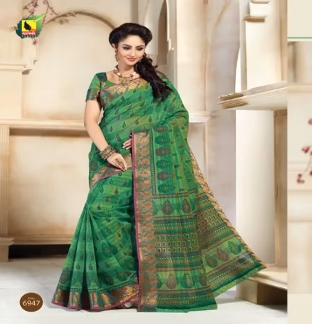 Kajri Greeen Printed Cotton Saree