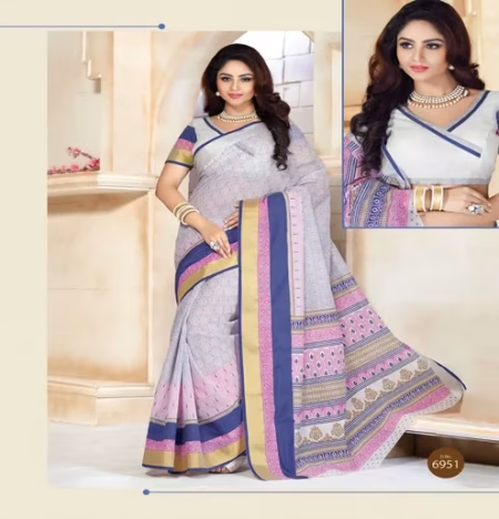 Kajri White & Pink Printed Cotton Saree