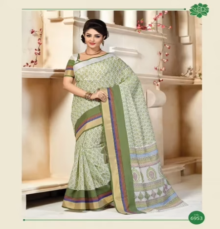 Kajri Green & White Printed Cotton Saree