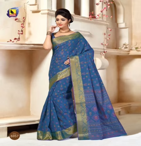Kajri Navy Blue Printed Cotton Saree