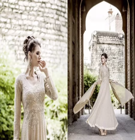 Mizzoli Beige Chiffon Net Anarkali Suit