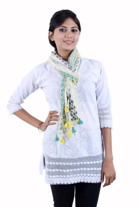 Green and Yellow Organic Neon Linen Stole with Tassels for women