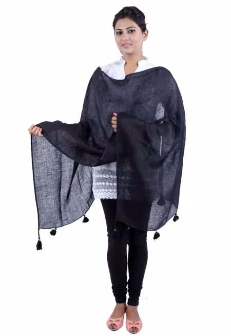 Black Solid Linen Stole with tassel's for women