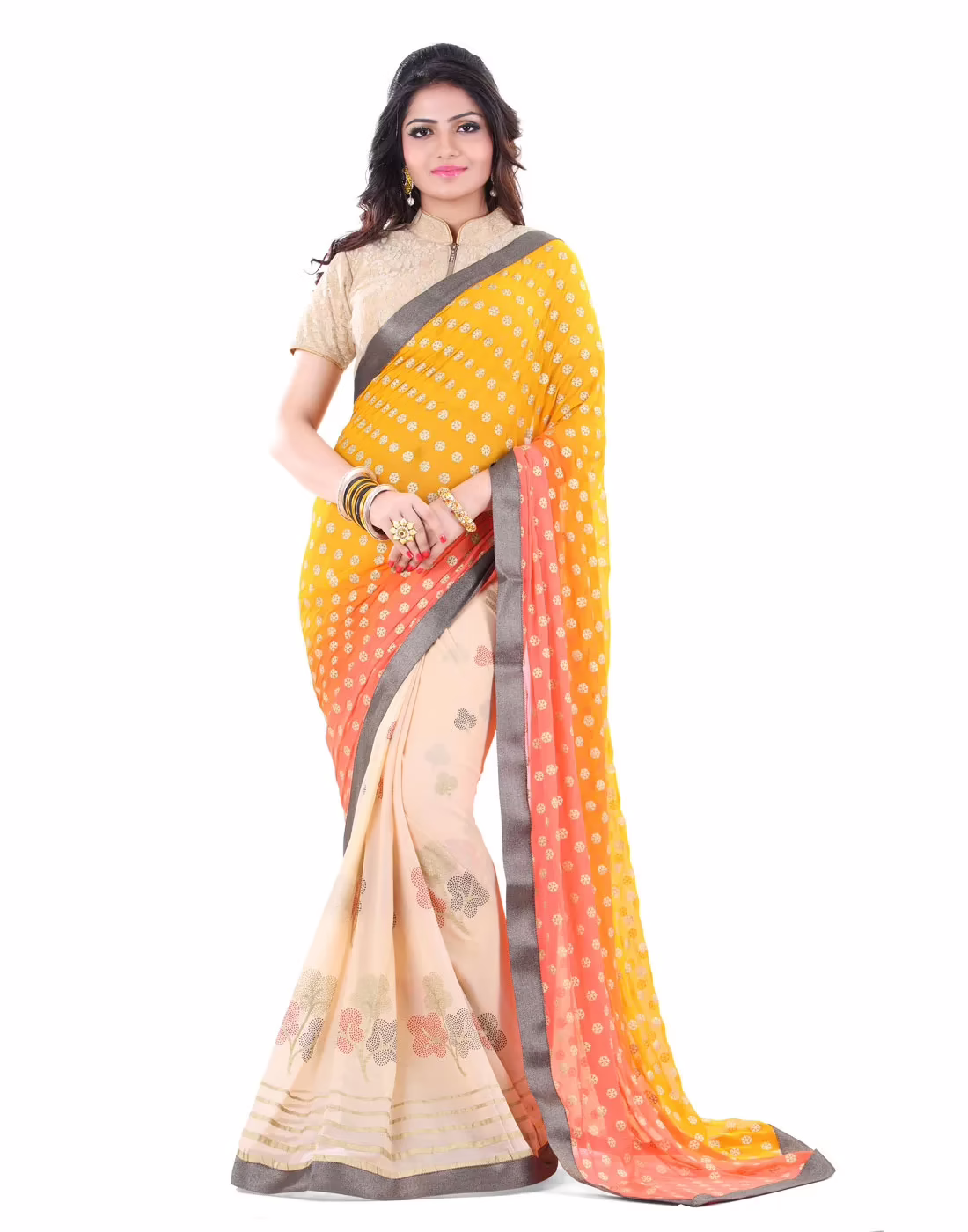 Club Art Decor Designer Yellow and Cream Saree with Designer Gold Blouse