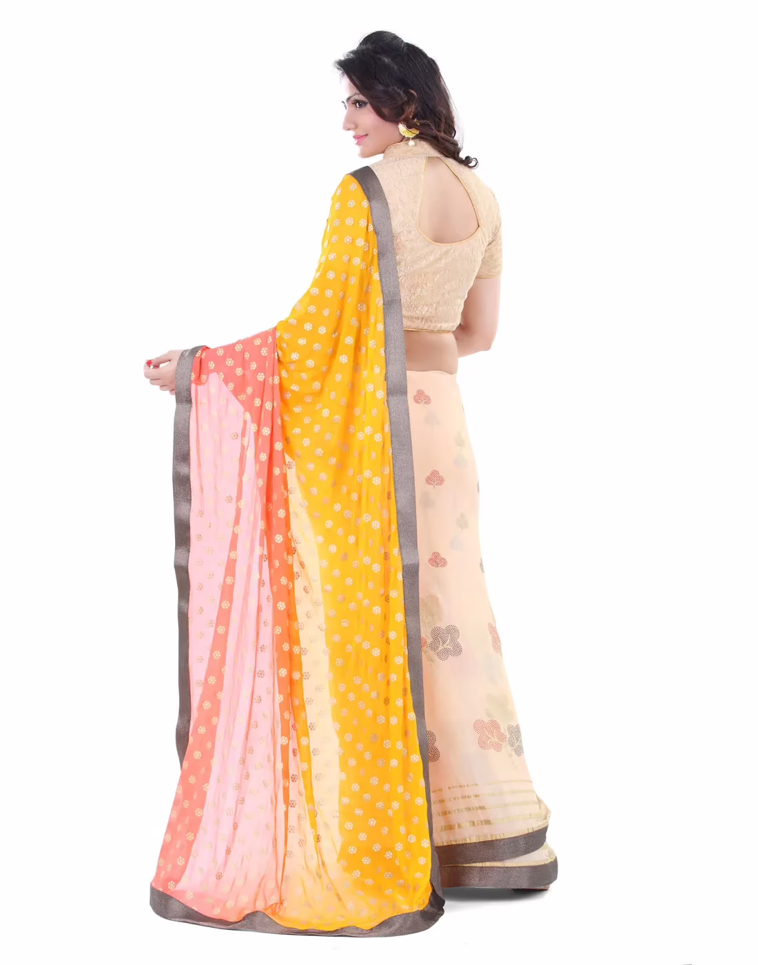 Club Art Decor Designer Yellow and Cream Saree with Designer Gold Blouse