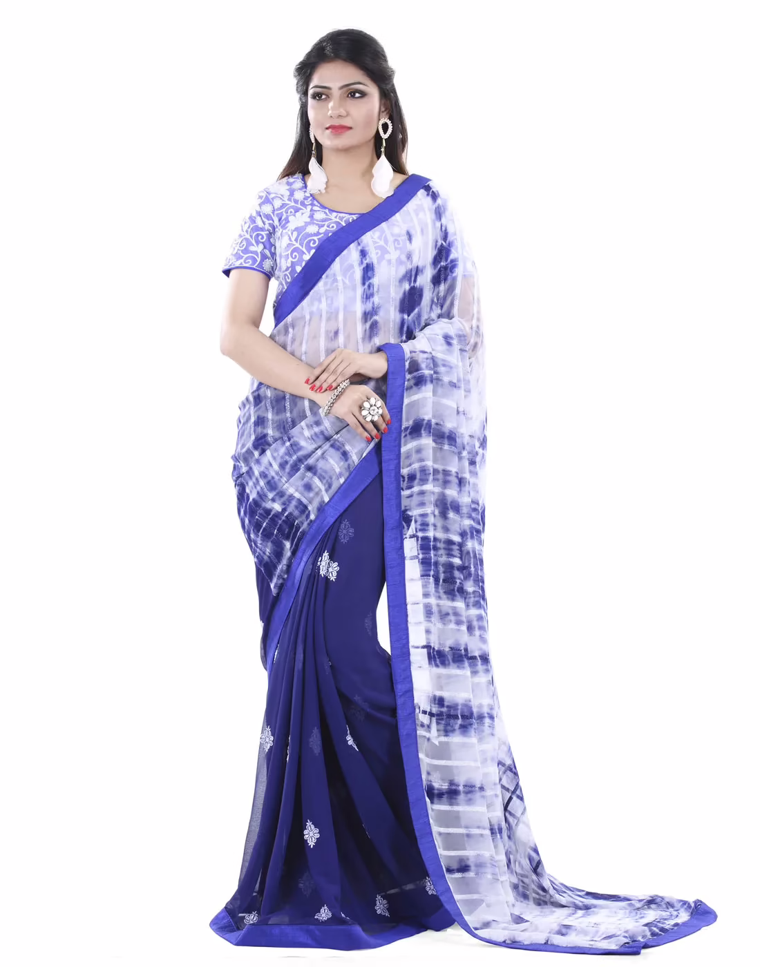 Club Art Decor Designer Blue And White Saree with Designer Blue Blouse