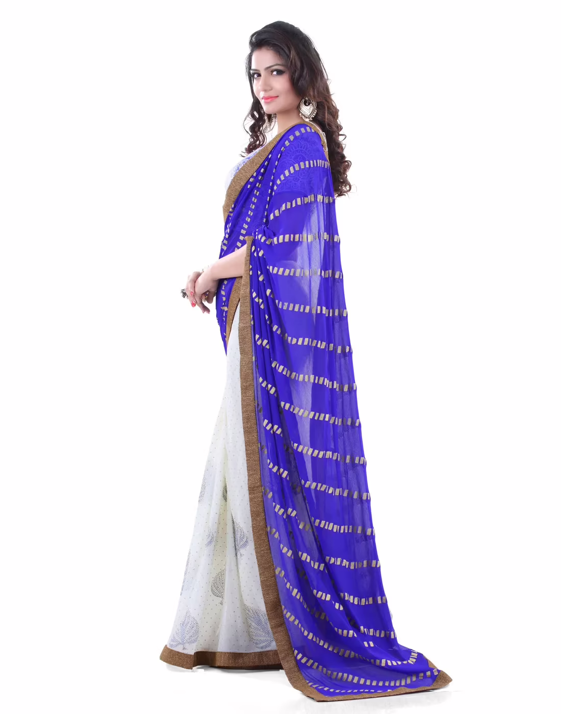 Club Art Decor Designer White and Blue Saree with Designer Blue Blouse