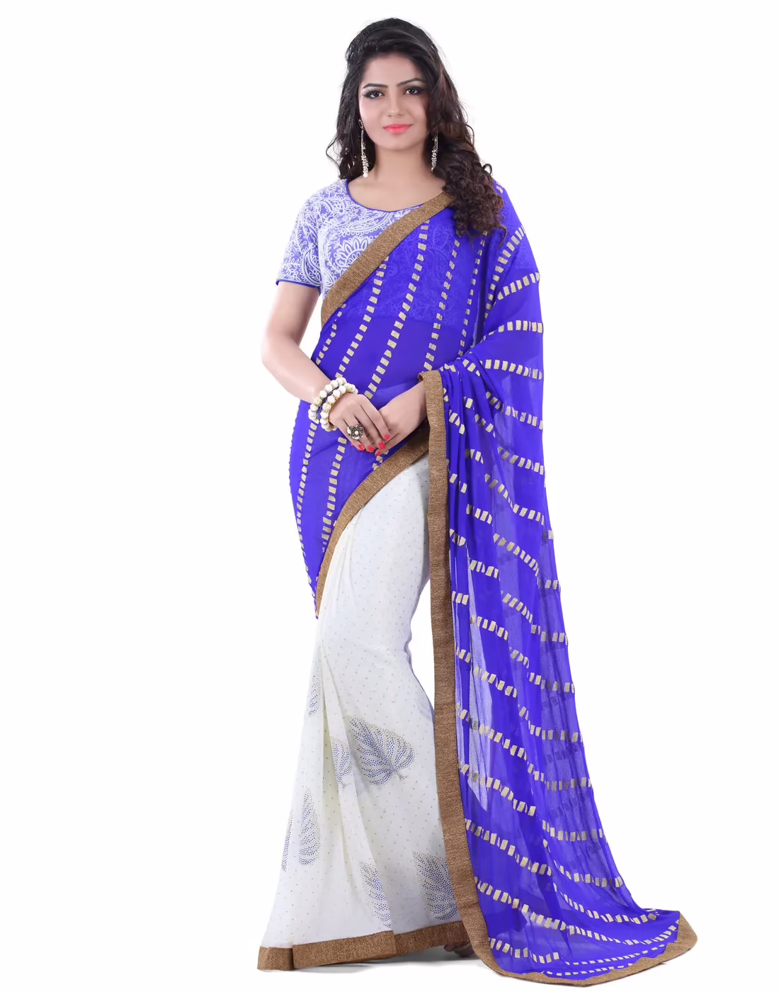 Club Art Decor Designer White and Blue Saree with Designer Blue Blouse