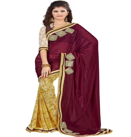 Maroon & Gold Colour Georgette Occation Wear Traditional Saree With Matching Blouse Piece