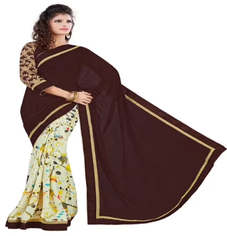 Deep Brown & Off-white Colour Georgette Occation Wear Traditional Saree With Matching Blouse Piece