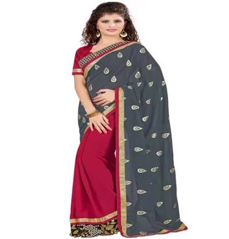 Grey & Red Colour Georgette Occation Wear Traditional Saree With Matching Blouse Piece