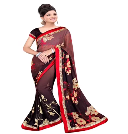 Brown Colour Chiffon Floral Printed Occation Wear Traditional Saree With Matching Blouse Piece