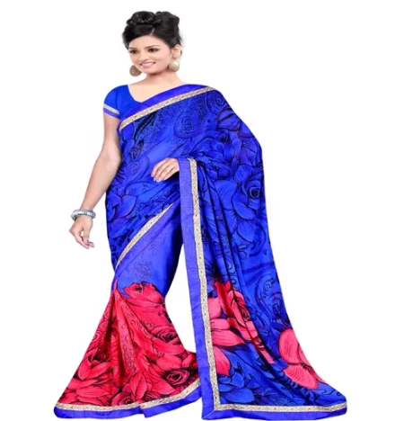 Blue & Peach Colour Chiffon Floral Printed Occation Wear Traditional Saree With Matching Blouse Piece