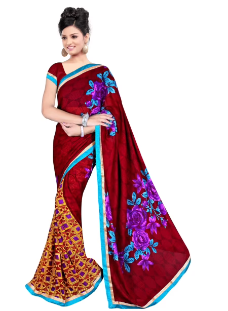 Akruti Maroon Printed Traditional Designer Saree With Matching Blouse Piece