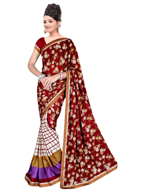 Akruti Maroon Printed Traditional Designer Saree With Matching Blouse Piece
