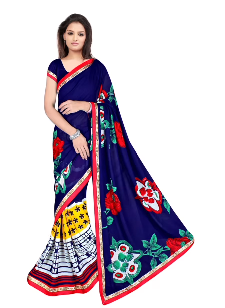 Akruti Navy Blue Printed Traditional Designer Saree With Matching Blouse Piece
