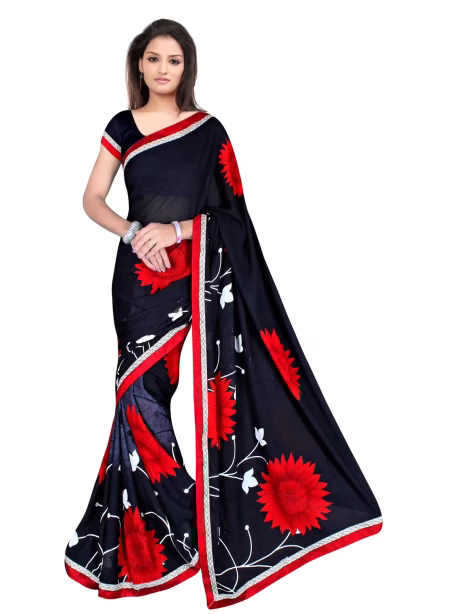 Akruti Black Printed Traditional Designer Saree With Matching Blouse Piece