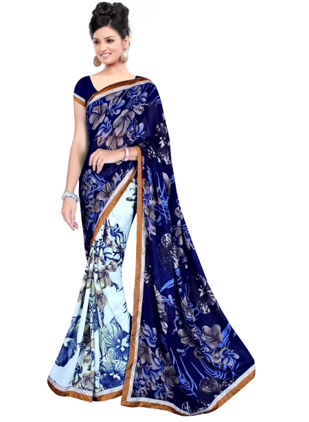 Akruti Blue Printed Traditional Designer Saree With Matching Blouse Piece