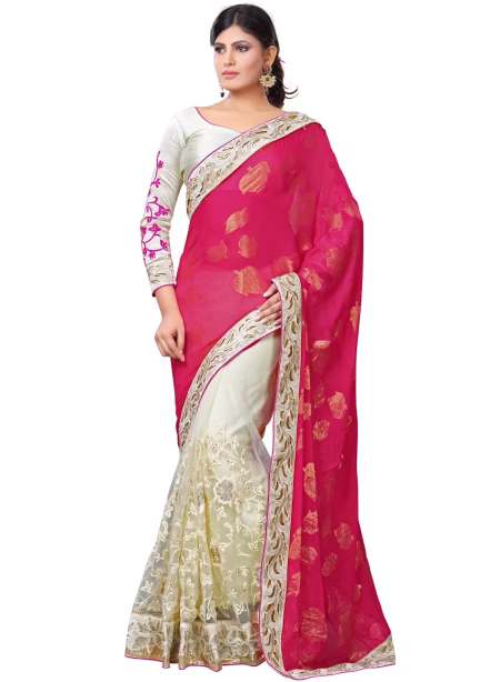 Akriti White & Pink Traditional Saree With Matching Blouse Piece