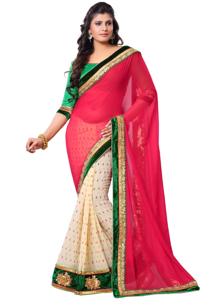 Akriti Red & Beige Traditional Saree With Matching Blouse Piece