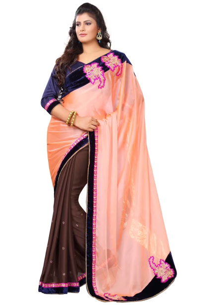 Akriti Peach & Brown Traditional Saree With Matching Blouse Piece