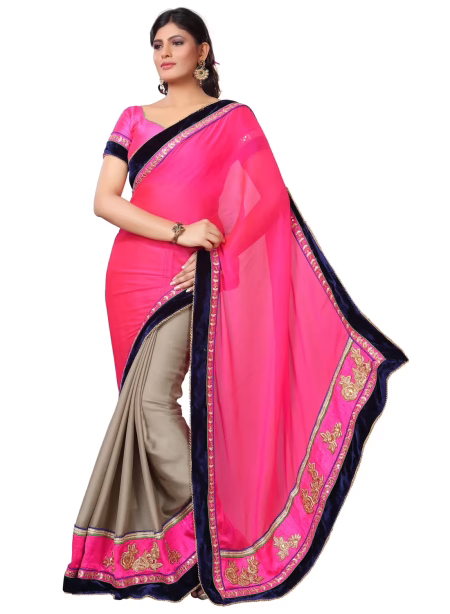 Akriti Grey & Pink Traditional Saree With Matching Blouse Piece