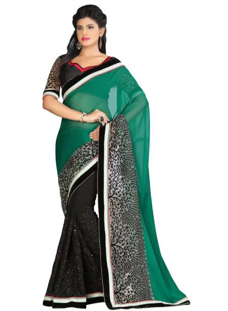Akriti Green & Black Traditional Saree With Matching Blouse Piece