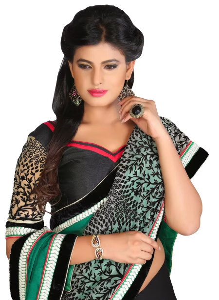 Akriti Green & Black Traditional Saree With Matching Blouse Piece
