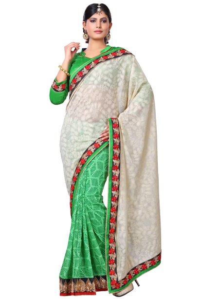 Akriti White & Green Traditional Saree With Matching Blouse Piece