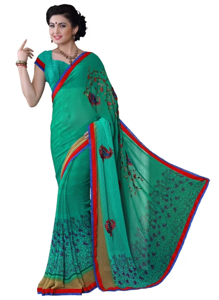 Alpana Sea Green Georgette Traditional Saree With Matching Blouse Piece