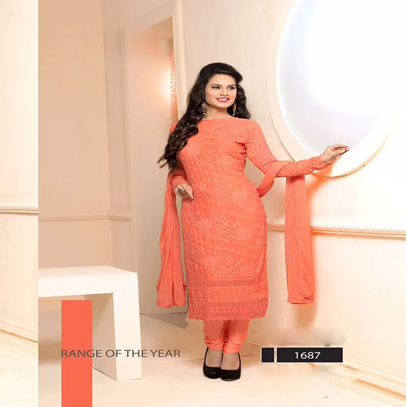 VandV Orange Color Stylish Chiffon Dress Material-Free Size