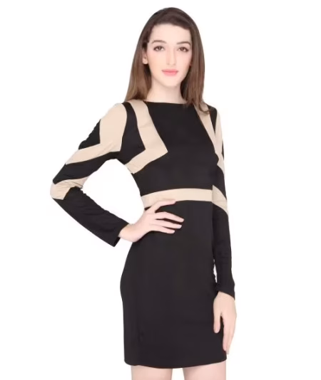 Elliana Black & Beige Contrast Color Bodycon Dress