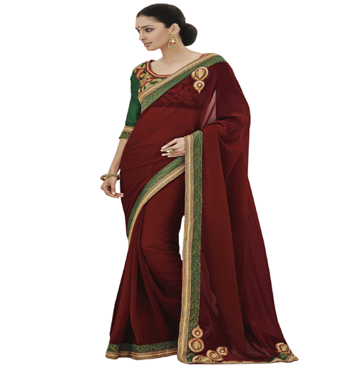 Wine Colour Georgette Traditional Designer Occation Wear Saree With Matching Blouse Piece
