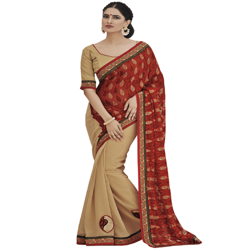 Red Colour Brasso Traditional Designer Occation Wear Saree With Matching Blouse Piece
