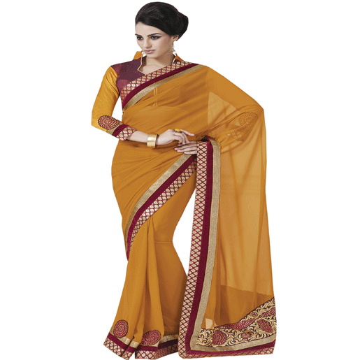Turmeric Colour Georgette Traditional Designer Occation Wear Saree With Matching Blouse Piece