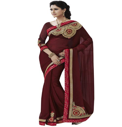 Wine Colour Chiffon Traditional Designer Occation Wear Saree With Matching Blouse Piece
