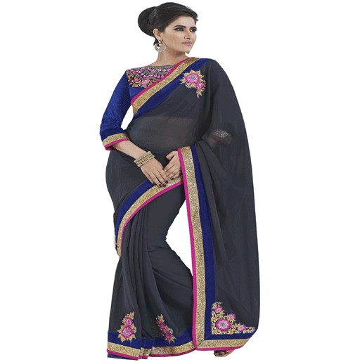 Black Colour Georgette Traditional Designer Occation Wear Saree With Matching Blouse Piece